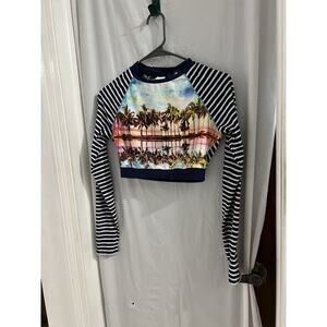 Sperry Navy White Stripped Tropical Print Cropped Rash Guard Sz S
